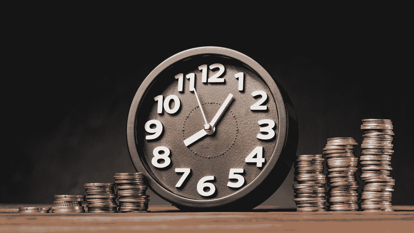 A clock in a middle of a increasing coins.