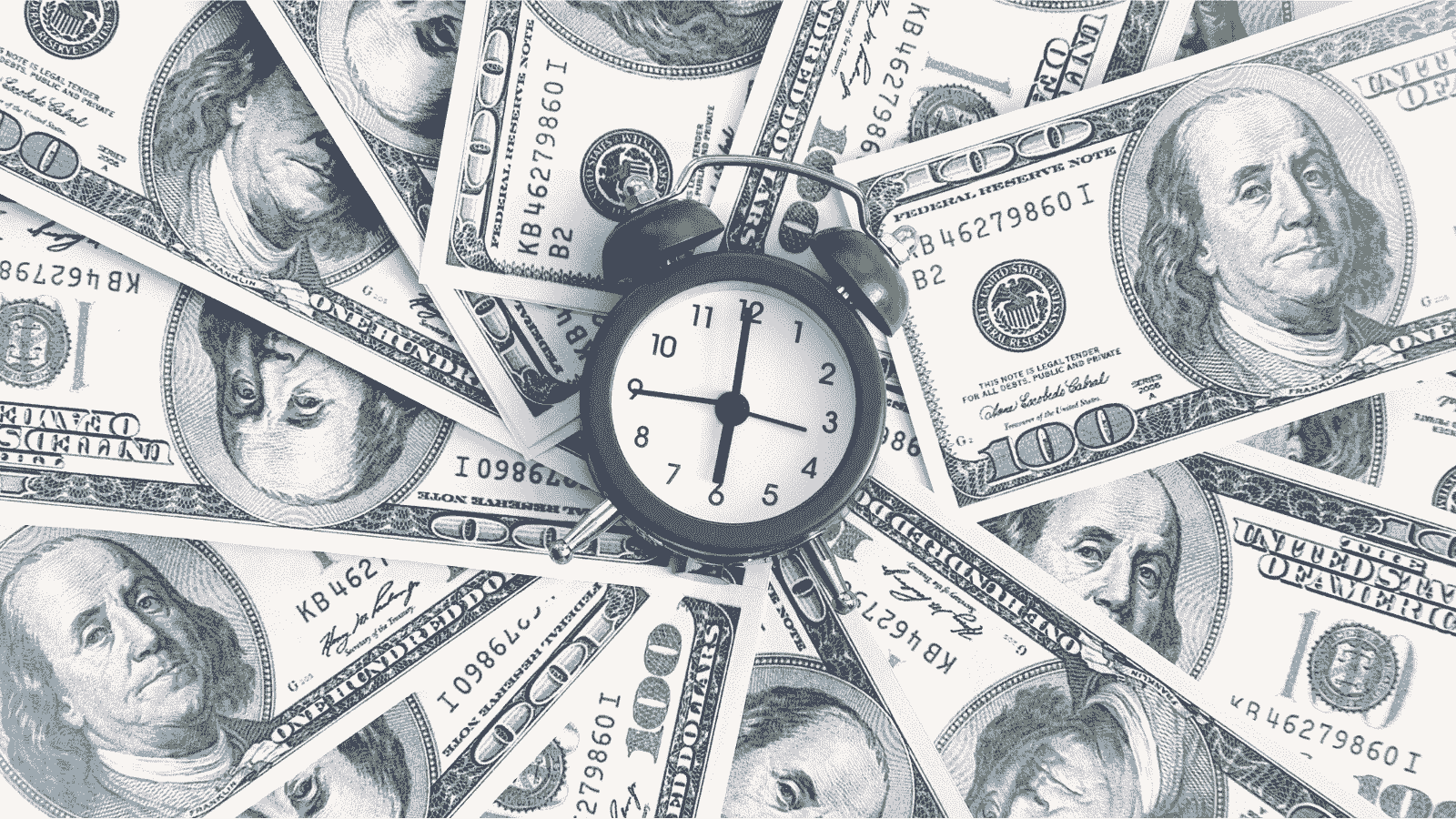 A clock in a middle of a pile of money, representing that time is money.